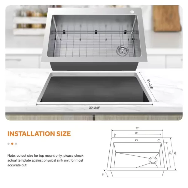 Tight Radius Drop-In/Undermount 18G Stainless Steel 33 in. Single Bowl Kitchen Sink with Accessories