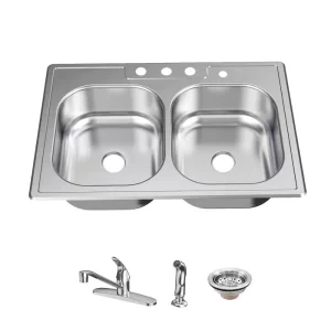 All-in-1-Drop-In Stainless Steel 33 in. Double Bowl 4-Hole Kitchen Sink with Faucet and Strainer