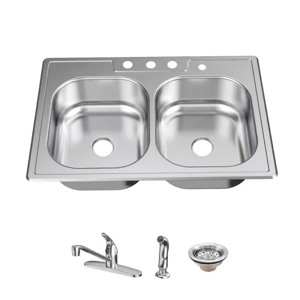 All-in-1-Drop-In Stainless Steel 33 in. Double Bowl 4-Hole Kitchen Sink with Faucet and Strainer