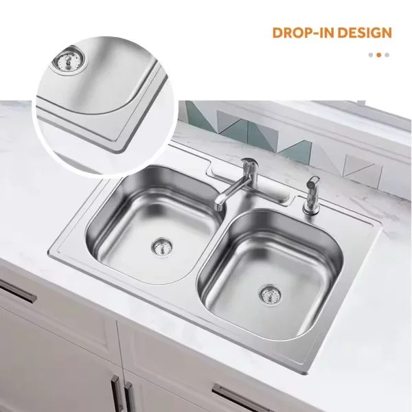 All-in-1-Drop-In Stainless Steel 33 in. Double Bowl 4-Hole Kitchen Sink with Faucet and Strainer