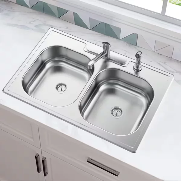 All-in-1-Drop-In Stainless Steel 33 in. 4-Hole Double Bowl Kitchen Sink with Faucet and Sprayer