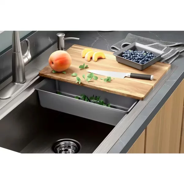 Lyric Dual Mount Workstation Stainless Steel 33 in 4-Hole Single Bowl Kitchen Sink with Integrated Ledge and Accessories