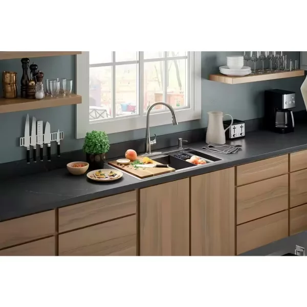 Lyric Dual Mount Workstation Stainless Steel 33 in 4-Hole Single Bowl Kitchen Sink with Integrated Ledge and Accessories