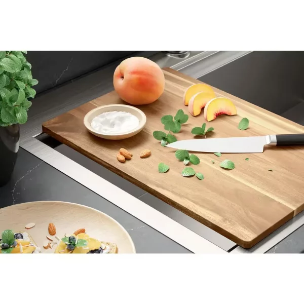 Lyric Dual Mount Workstation Stainless Steel 33 in 4-Hole Single Bowl Kitchen Sink with Integrated Ledge and Accessories