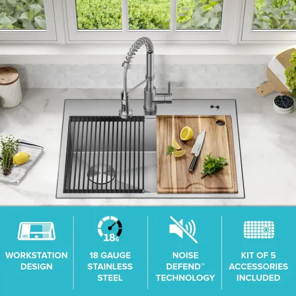 Loften 28 in. Drop-in/Undermount Single Bowl Stainless Steel Kitchen Workstation Sink with Accessories
