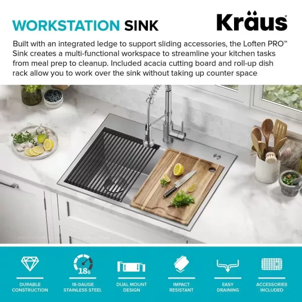 Loften 28 in. Drop-in/Undermount Single Bowl Stainless Steel Kitchen Workstation Sink with Accessories