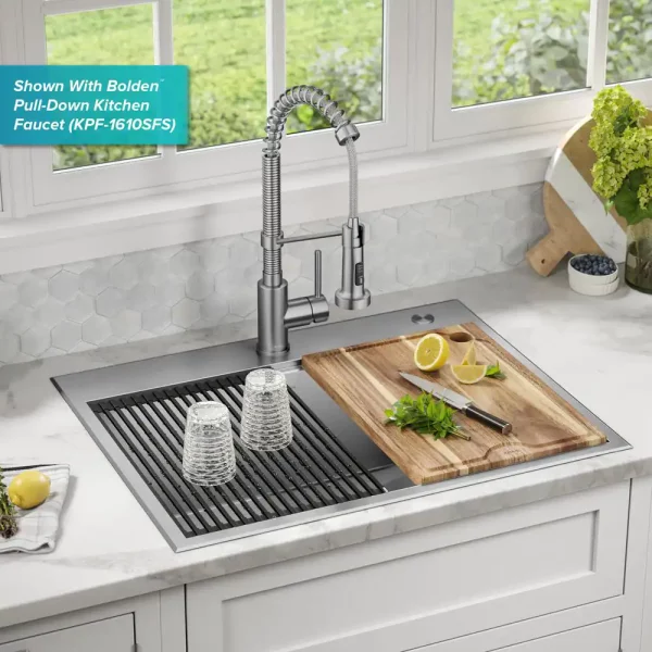 Loften 28 in. Drop-in/Undermount Single Bowl Stainless Steel Kitchen Workstation Sink with Accessories