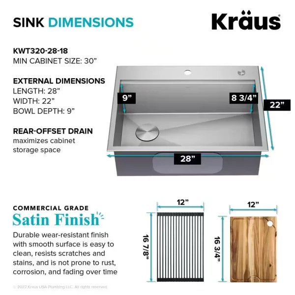 Loften 28 in. Drop-in/Undermount Single Bowl Stainless Steel Kitchen Workstation Sink with Accessories