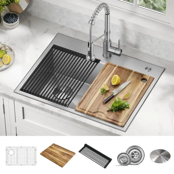 Loften 28 in. Drop-in/Undermount Single Bowl Stainless Steel Kitchen Workstation Sink with Accessories