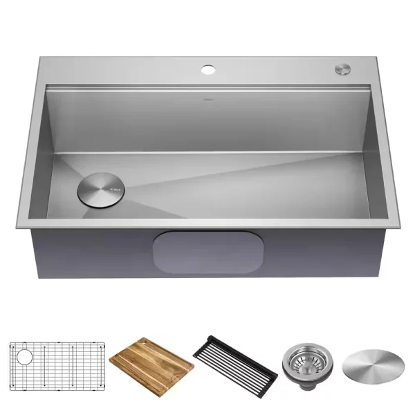 Loften 33 in. Drop-in/Undermount Single Bowl Stainless Steel Kitchen Workstation Sink with Accessories