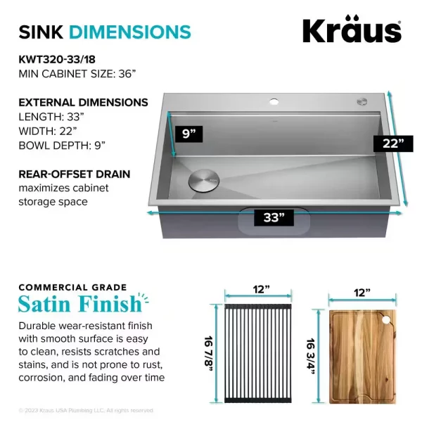 Loften 33 in. Drop-in/Undermount Single Bowl Stainless Steel Kitchen Workstation Sink with Accessories