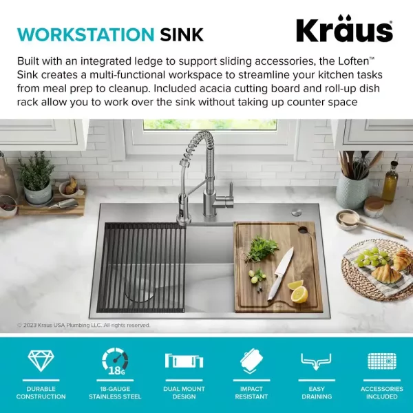 Loften 33 in. Drop-in/Undermount Single Bowl Stainless Steel Kitchen Workstation Sink with Accessories