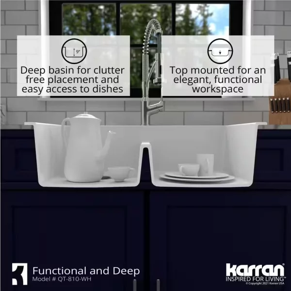 White Quartz 33 in. 50/50 Double Bowl Composite Drop-in Kitchen Sink