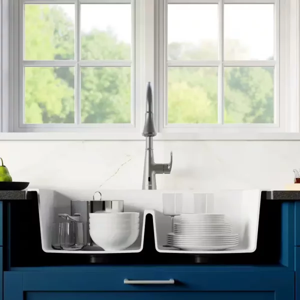 White Quartz 33 in. 50/50 Double Bowl Composite Drop-in Kitchen Sink