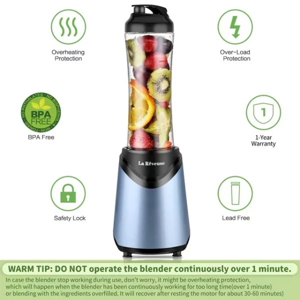 La Reveuse Smoothies Blender Personal Size 300 Watts with 18 oz BPA-free Portable Travel Sports Bottle (Light Blue)