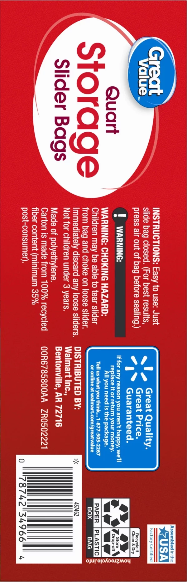 Great Value Fresh Seal Slider Zipper Bags, Quart Storage, 50 Count