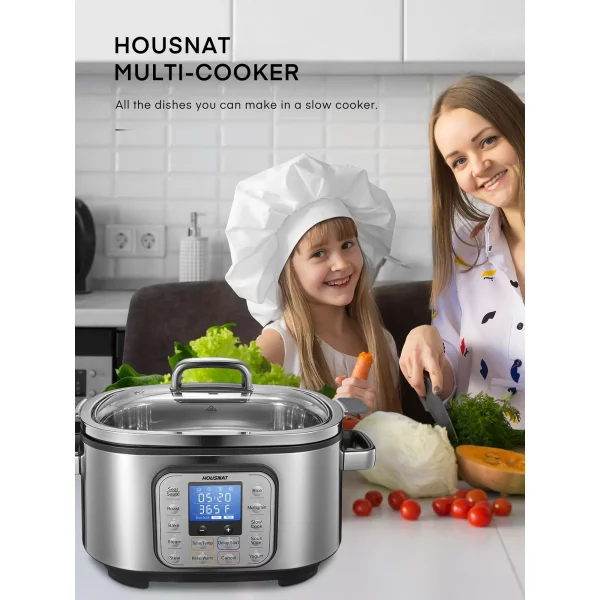 Slow Cooker, 10 in 1 Programmable Cooker, 6Qt Stainless Steel, Rice Cooker, Yogurt Maker, Delay Start, Steaming Rack and Glass Lid, Adjustable Temp&Time for Slow Cook with Digital Timer