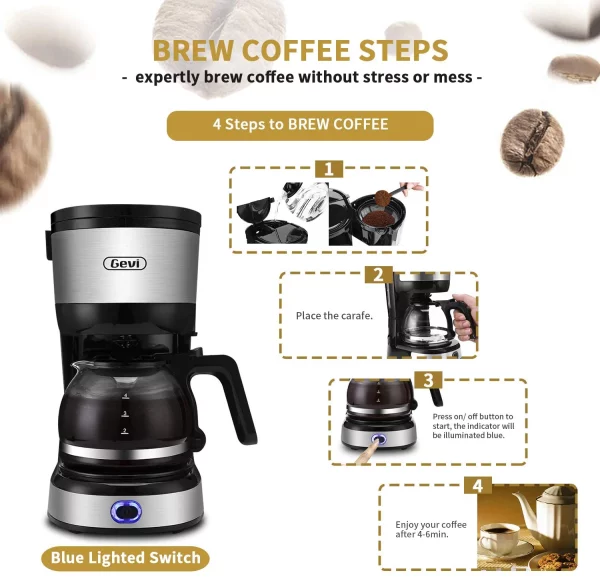 Gevi 4-Cup Coffee Maker with Auto-Shut off, Cone Filter, Stainless Steel Finish, 600ml