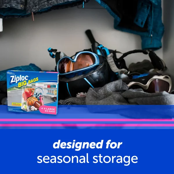 Ziploc® Big Bags, Large, Secure Double Zipper, 5 ct, Expandable Bottom, Heavy-Duty Plastic, Built-In Handles, Flexible Shape to Fit Where Storage Boxes Can't