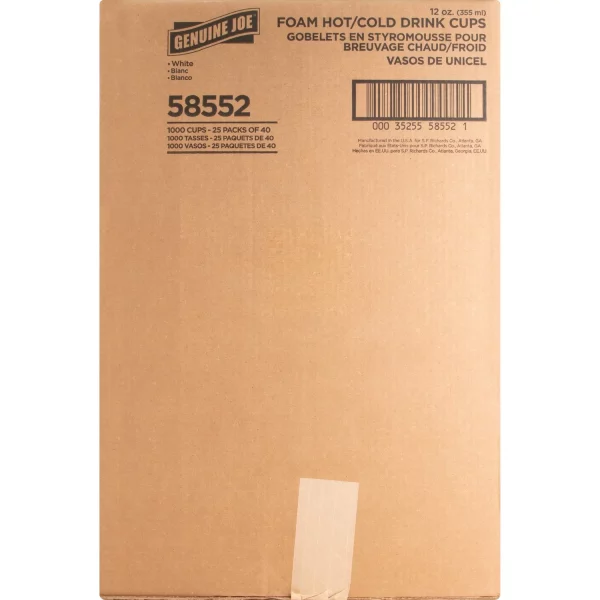 Genuine Joe Foam Hot, Cold Drink Cups, 12 fl oz, 1000 per Carton, GJO58552