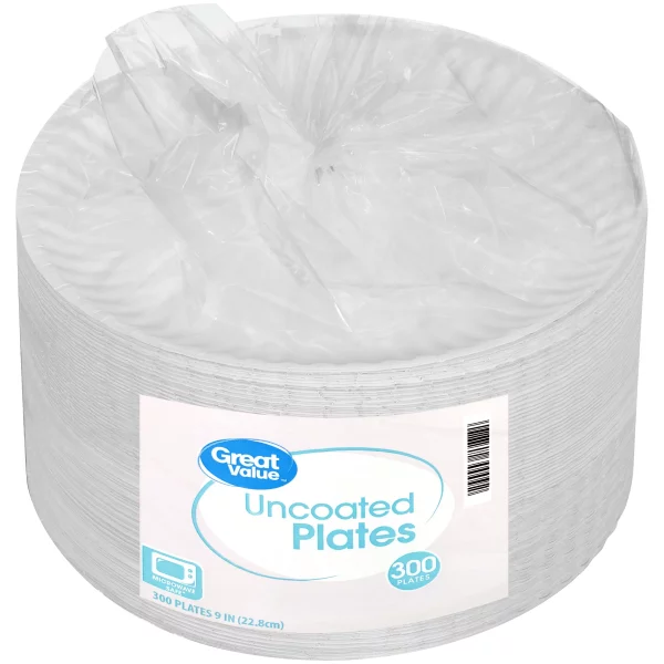 Great Value Uncoated, Microwave Safe, Disposable Paper Plates, 9", White, 300 Count
