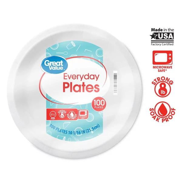 Great Value Everyday Strong, Soak Proof, Microwave Safe, Disposable Paper Plates, 10", White, 100 Count