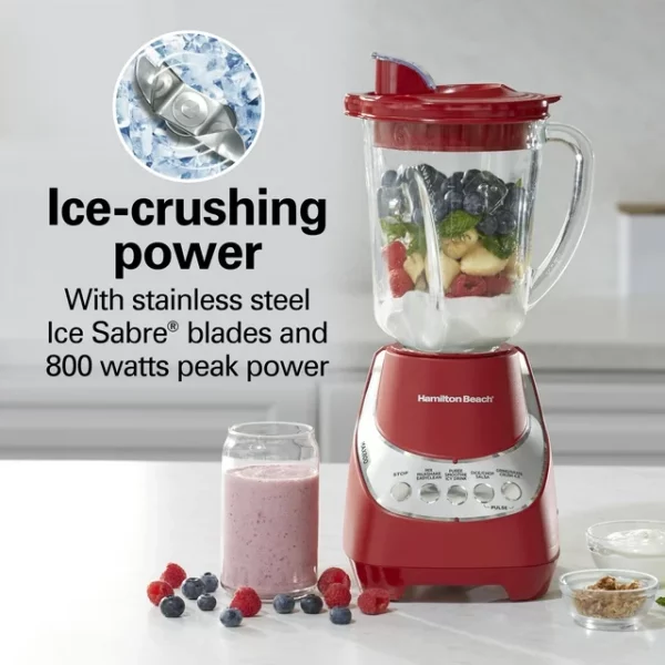 Hamilton Beach Wave Action Quiet Blender, 48 oz. Glass Jar, 12 Blending Functions, Red, New, 53531F