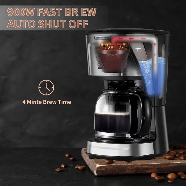 Kognita 12 Cup Coffee Maker, Programmable Coffee Machine & Ice Tea Maker with Glass Carafe, Drip Coffee Pot, Auto Keep Warm, Anti-Drip, 900W Quick Brew, Strength Control, Black and Silver