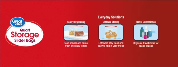 Great Value Fresh Seal Slider Zipper Bags, Quart Storage, 75 Count