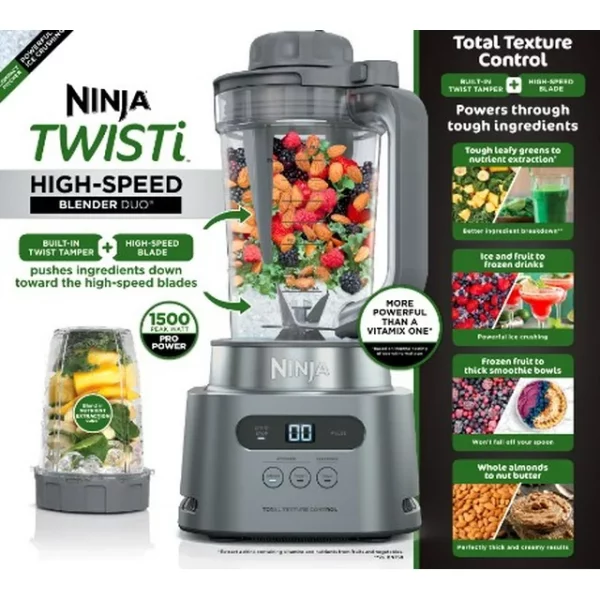 Ninja TWISTi, HIGH-SPEED Blender DUO 3 Preset Auto-iQ Programs, 34 oz. Pitcher Capacity, SS150