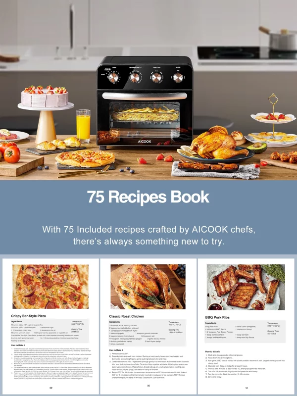 AICOOK Air Fryer Oven, 24QT 10 Functions Large Countertop Oven, Dehydrator with 1700W, 6 Free Accessories & 75 Recipes Included