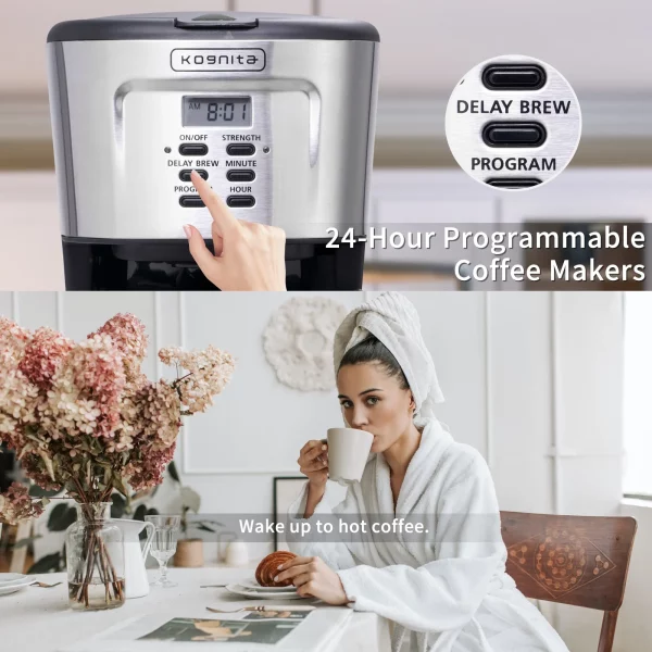 Kognita 12 Cup Coffee Maker, Programmable Coffee Machine & Ice Tea Maker with Glass Carafe, Drip Coffee Pot, Auto Keep Warm, Anti-Drip, 900W Quick Brew, Strength Control, Black and Silver