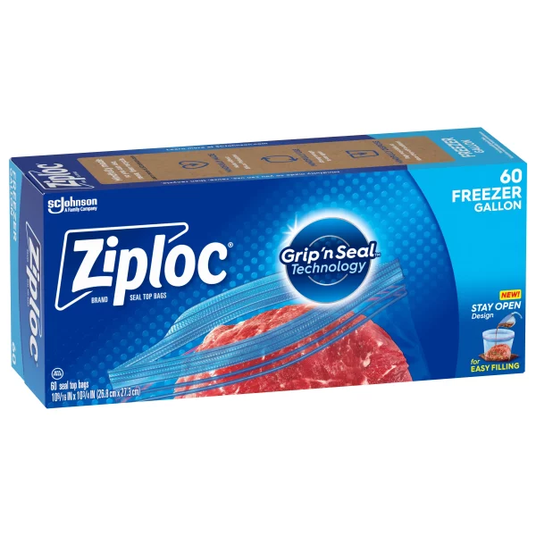 Ziploc® Brand Freezer Bags with New Stay Open Design, Gallon, 60, Patented Stand-up Bottom, Easy to Fill Freezer Bag, Unloc a Free Set of Hands in the Kitchen, Microwave Safe, BPA Free