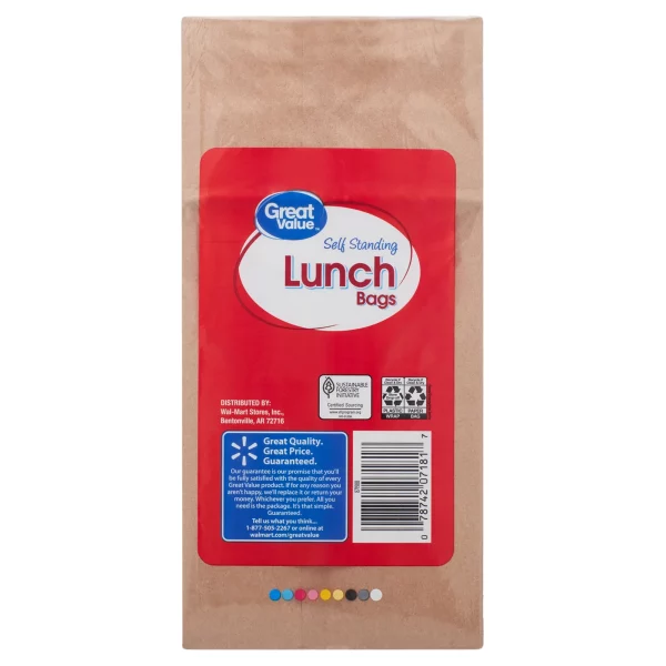 Great Value Self-Standing Lunch Bags, Brown, 100 Count