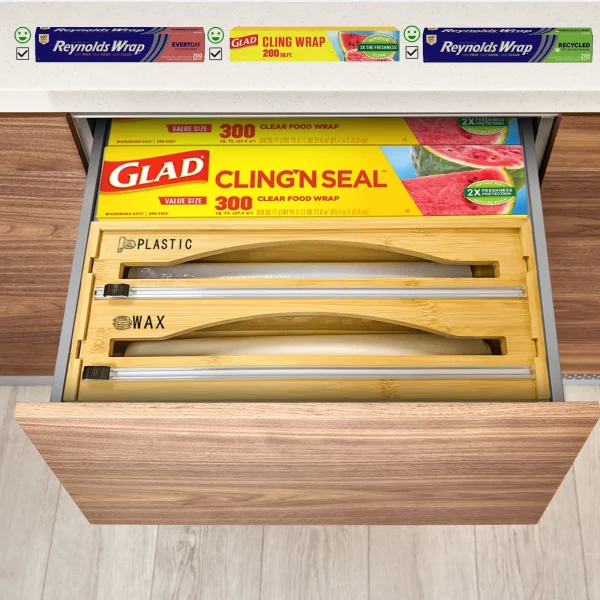 RIOUSERY Foil and Plastic Wrap Organizer, 2 in 1 Plastic Wrap Dispenser with Cutter, Aluminum Foil Organization and Storage Holder, Cling Film Wax Paper Dispenser for Kitchen Drawer for 14" Roll