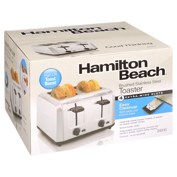 Hamilton Beach Brushed Stainless Steel 4 Slice Toaster with Extra-Wide Slots, Toast Boost, Auto Shutoff, 24910