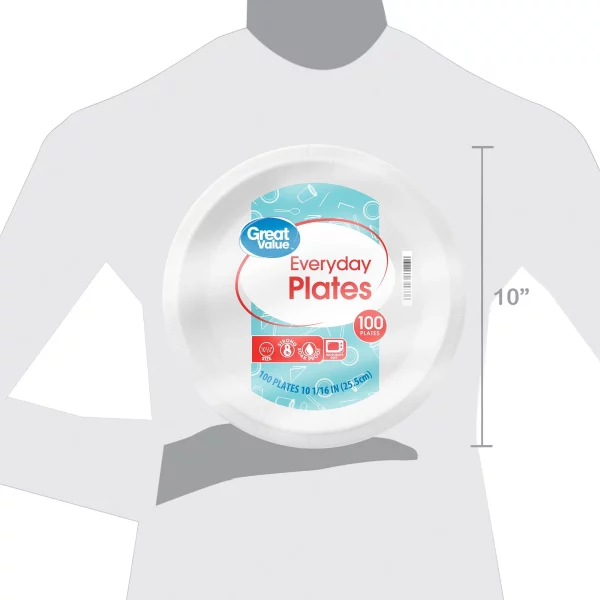 Great Value Everyday Strong, Soak Proof, Microwave Safe, Disposable Paper Plates, 10", White, 100 Count
