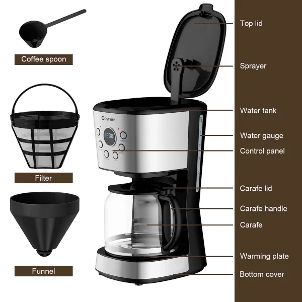 Costway 12-Cup Programmable Coffee Maker Brew Machine LCD Display w/ 1.8L Glass Carafe