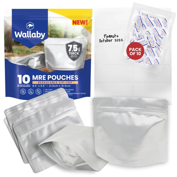 10 Wallaby MRE Mylar Bags with Zipper - Bundle - 0.35 Gallon (7.5 Mil) with 10 400cc - Silver
