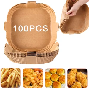 100PCS Air fryer Dispasable Paper Liner Square 7.9inch Non-Stick Parchment Airfryer Liners Oil-Proof Unbleached Baking Paper Basket Tray Rectangular Steamer Cooking Roasting Microwave