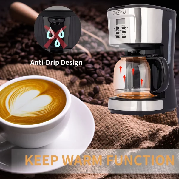 Kognita 12 Cup Coffee Maker, Programmable Coffee Machine & Ice Tea Maker with Glass Carafe, Drip Coffee Pot, Auto Keep Warm, Anti-Drip, 900W Quick Brew, Strength Control, Black and Silver