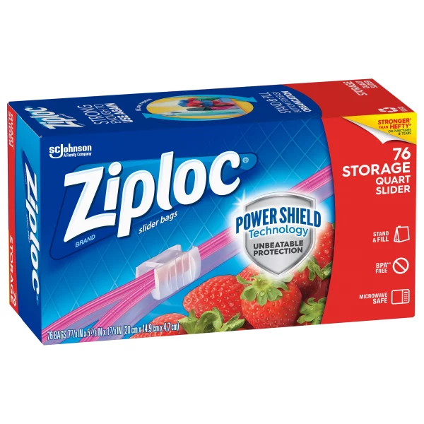 Ziploc Brand Slider Storage Quart Bags with Power Shield Technology, 76 Count