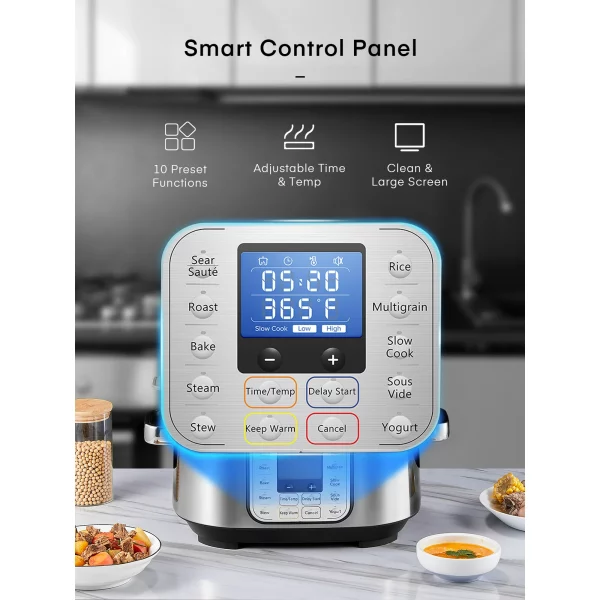 Slow Cooker, 10 in 1 Programmable Cooker, 6Qt Stainless Steel, Rice Cooker, Yogurt Maker, Delay Start, Steaming Rack and Glass Lid, Adjustable Temp&Time for Slow Cook with Digital Timer