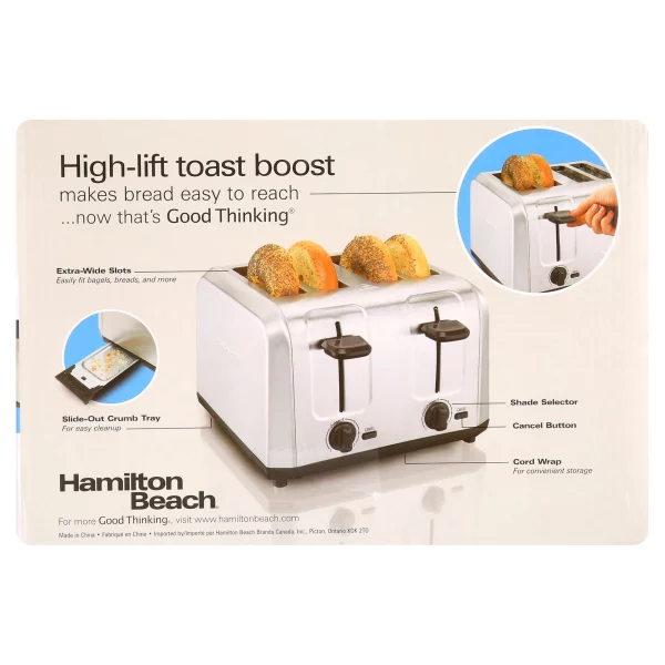 Hamilton Beach Brushed Stainless Steel 4 Slice Toaster with Extra-Wide Slots, Toast Boost, Auto Shutoff, 24910