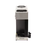 This pour-over coffee brewer is completely portable and requires no plumbing. It features a separate controlled warmer and is NSF Certified. Decanters not included. Coffee Brewer, 3 Warmers Stainless steel construction of internal components Three separately controlled warmers Stylish black decor SplashGard filter basket deflects hot liquids away from the hand Brewing capacity of appro