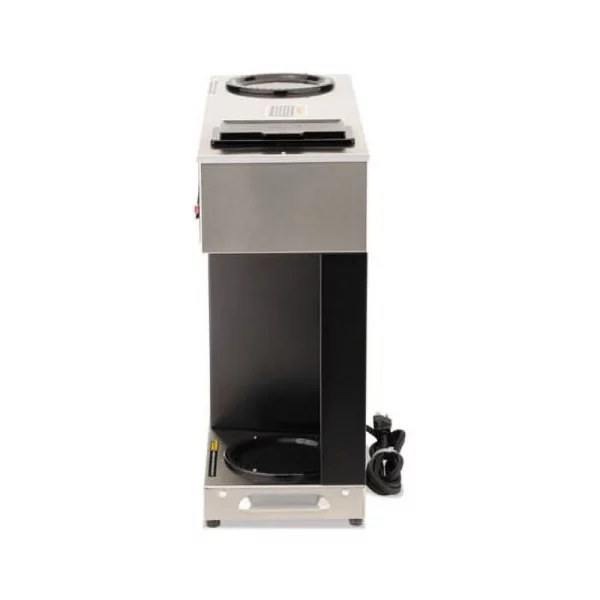 This pour-over coffee brewer is completely portable and requires no plumbing. It features a separate controlled warmer and is NSF Certified. Decanters not included. Coffee Brewer, 3 Warmers Stainless steel construction of internal components Three separately controlled warmers Stylish black decor SplashGard filter basket deflects hot liquids away from the hand Brewing capacity of appro