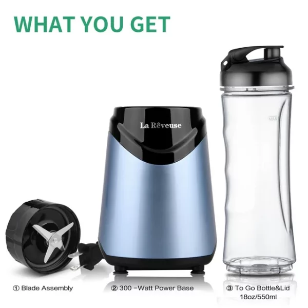 La Reveuse Smoothies Blender Personal Size 300 Watts with 18 oz BPA-free Portable Travel Sports Bottle (Light Blue)