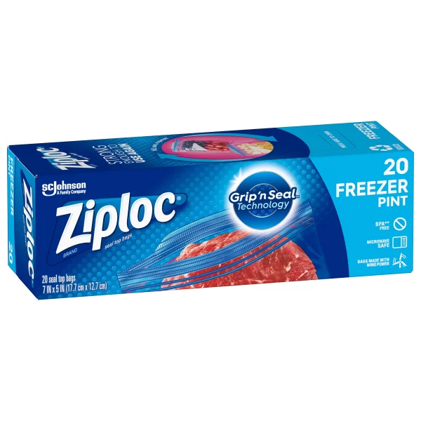 Ziploc Freezer Pint Bag, Grip 'n Seal Technology, Reusable, 20 Count