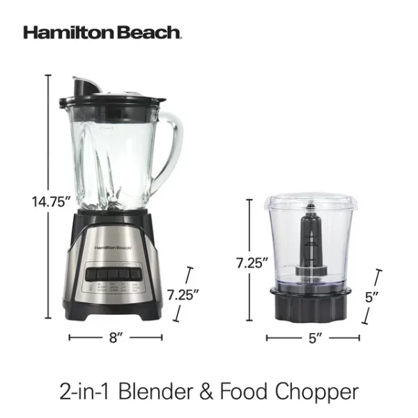 Hamilton Beach Power Elite Multi-Function Blender with Mess Free 40 oz. Glass Jar and 3-Cup Chopper, Mini Food Processor, 700 Watts, Stainless Steel, 58149