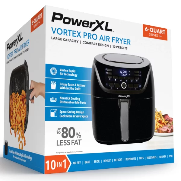 New POWER-XL 6-Qt Digital Vortex™ Air Fryer with 10 Quick-Touch Presets, Black, AF-E6001-L